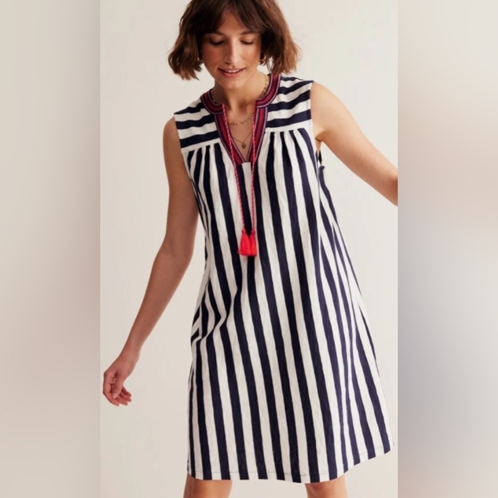 Boden Nadine Notch Cotton Navy And White Striped Dress